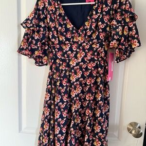 Betsy Johnson size 2 Navy Floral Ruffle sleeve Romper NWT
